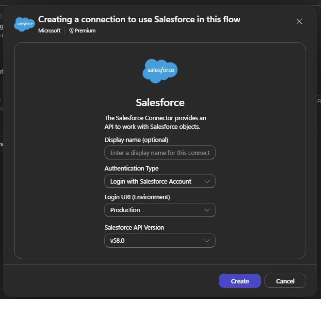 Salesforce connection dialog with Login URI set to Production