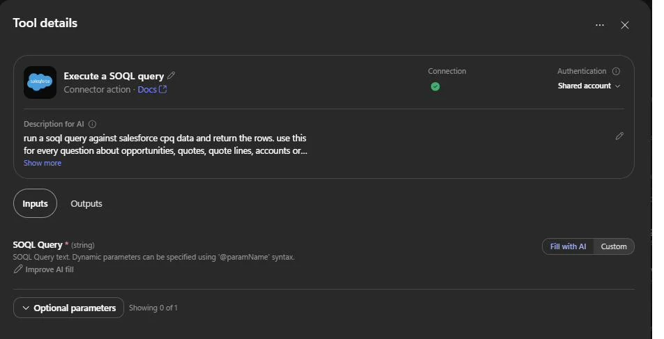 Tool details with Fill with AI and Shared account