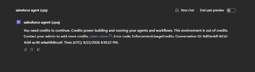 EnforcementUsageCredits error in the Copilot Studio preview