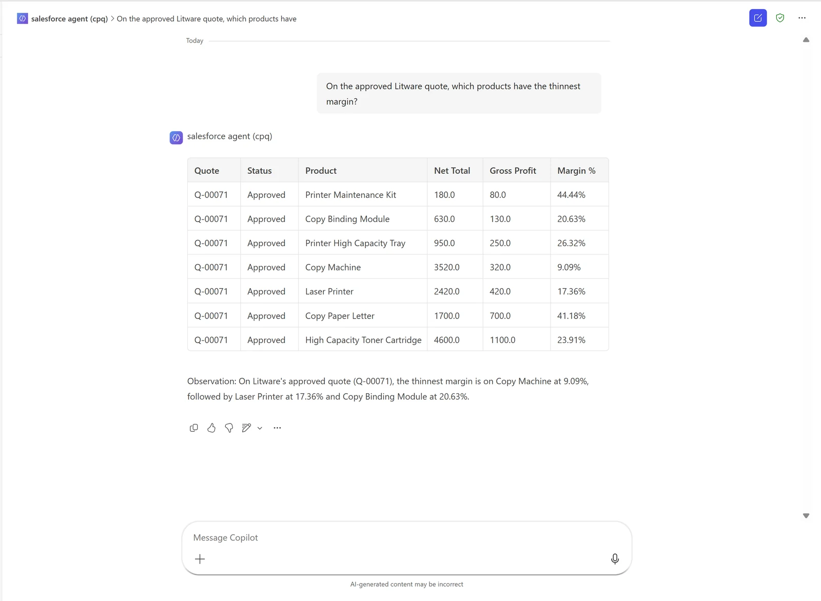 The agent answering a margin question in Microsoft Teams
